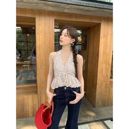 Sweet and spicy floral v-neck vest hanging neck, waist and outer sling