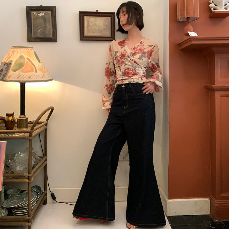Early autumn retro micro-pull jeans women's dark blue thin flared pants