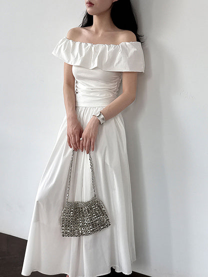 Fresh and sweet temperament ruffle leaf edge shoulder short-sleeved t-shirt women's summer new off-the-shoulder thin top