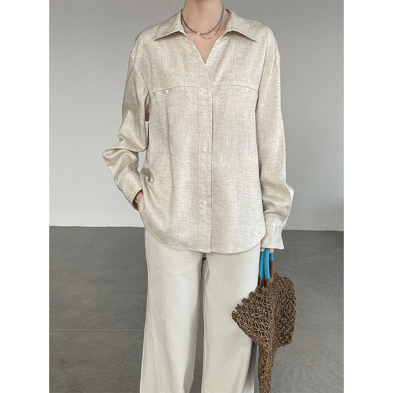 V-Neck Cotton Linen Long Sleeve Cardigan Shirt