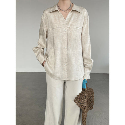 V-Neck Cotton Linen Long Sleeve Cardigan Shirt