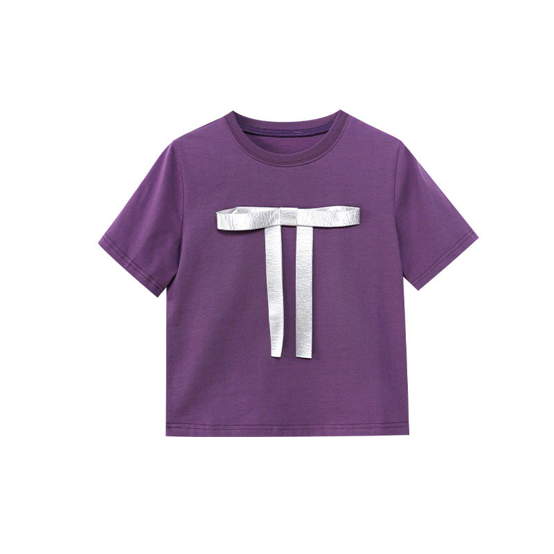 Early spring French slimming versatile slim bow short-sleeved T-shirt