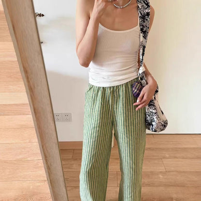 Japanese design sense niche thin casual linen striped nine-point elastic wide-leg pants children's summer new