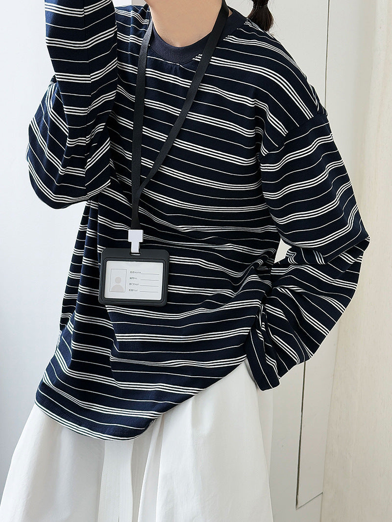 Retro contrasting stripes loose simple long-sleeved T-shirt women's autumn new crew neck bottoming shirt top