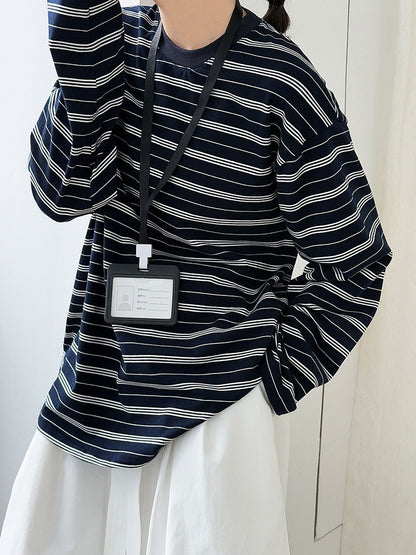 Retro contrasting stripes loose simple long-sleeved T-shirt women's autumn new crew neck bottoming shirt top