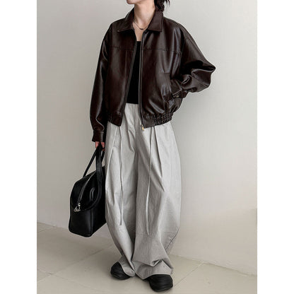 Korean locomotive style high-end lapel leather jacket