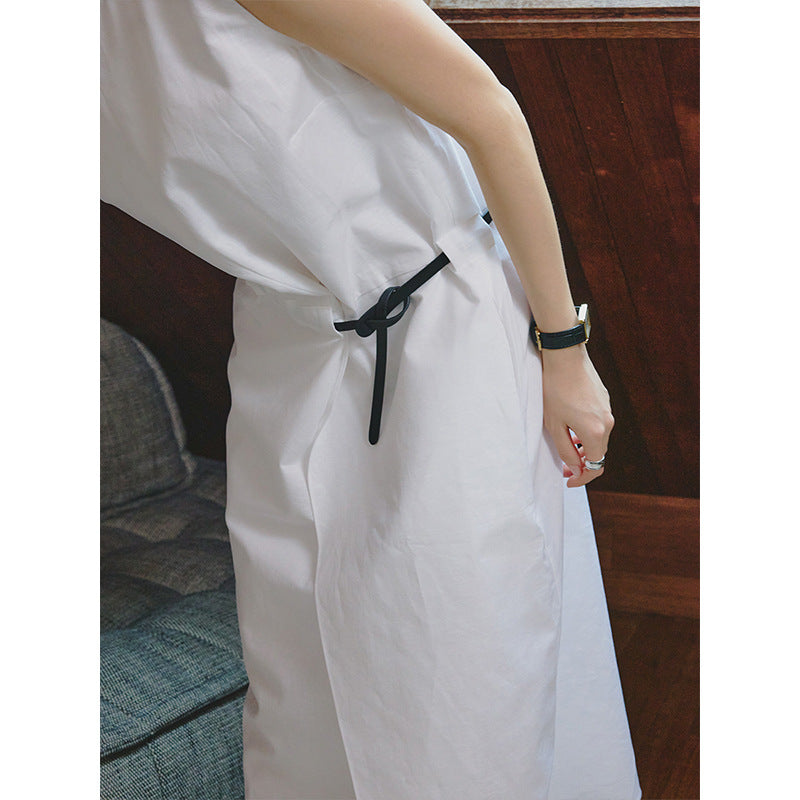 Crew neck linen cotton waist sleeveless vest dress