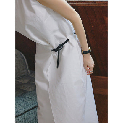Crew neck linen cotton waist sleeveless vest dress
