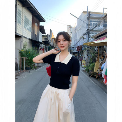 College Fashion Commuter Lapel Short Sleeve Knitwear