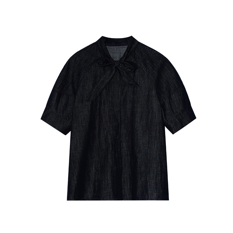 Age-reducing tie collar mid-sleeve denim shirt top