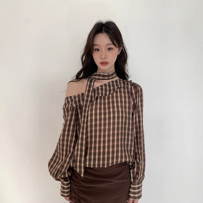 Ruffle-edged slanted shoulder long-sleeved pullover plaid shirt