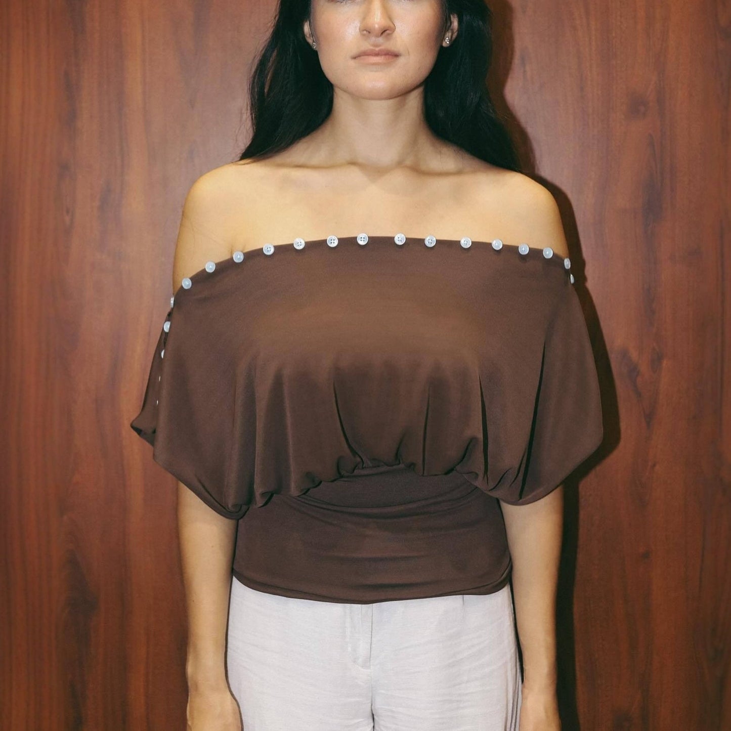 Spring law off-the-shoulder one-word collar design T-shirt top