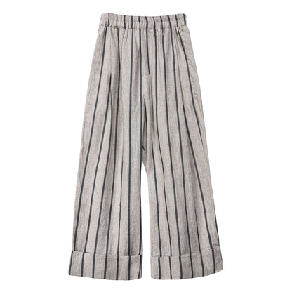 Japanese retro linen crimped casual pants spring new vertical striped nine-point wide-leg pants