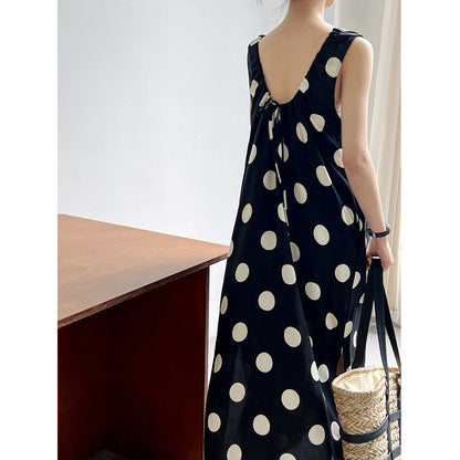 Flax material~ Design scheming backless drawstring polka dot dress Korean sleeveless vest skirt