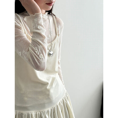 Gentle wind stand-up collar embroidered mesh bottoming shirt women's early spring new Korean inner top