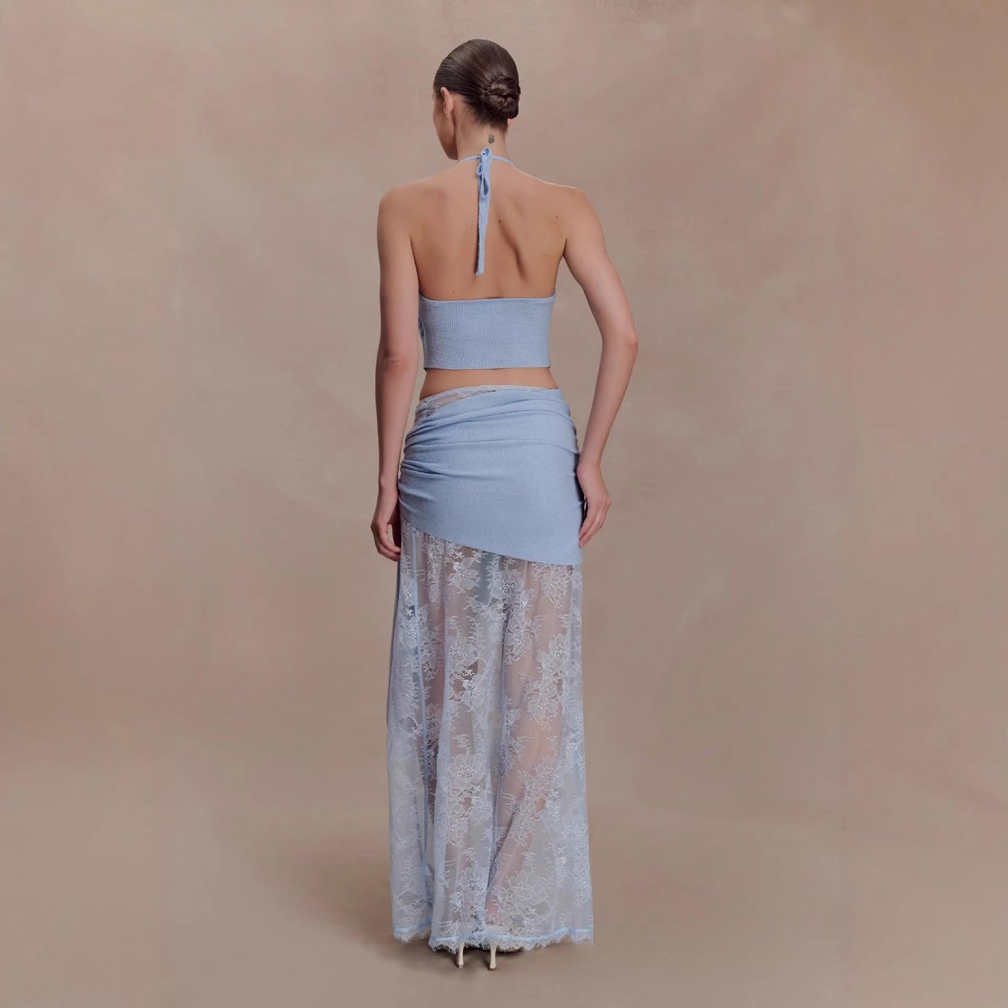 Beach vacation style sexy hollow lace skirt set swing collar top skirt two-piece set