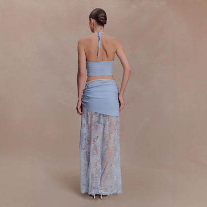 Beach vacation style sexy hollow lace skirt set swing collar top skirt two-piece set