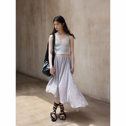 Plaid asymmetrical diagonal swing skirt summer thin light splicing contrasting color versatile