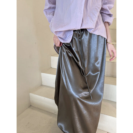 French drape satin simple drawstring skirt women's new loose and versatile medium and long A-version skirt