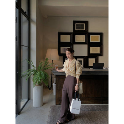 Temperament Design Sense Tencel Cotton Kink Waist Shirt