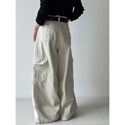 Korean retro big pocket tooling wide-leg pants