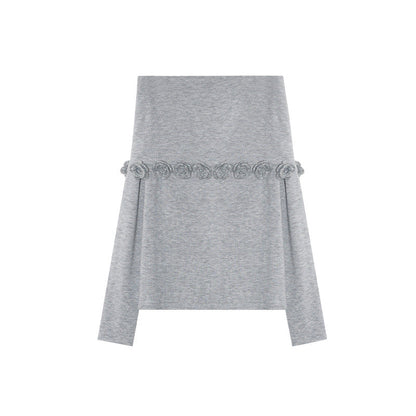 Gentle and sweet one-word collar three-dimensional flower decorative sweater for women