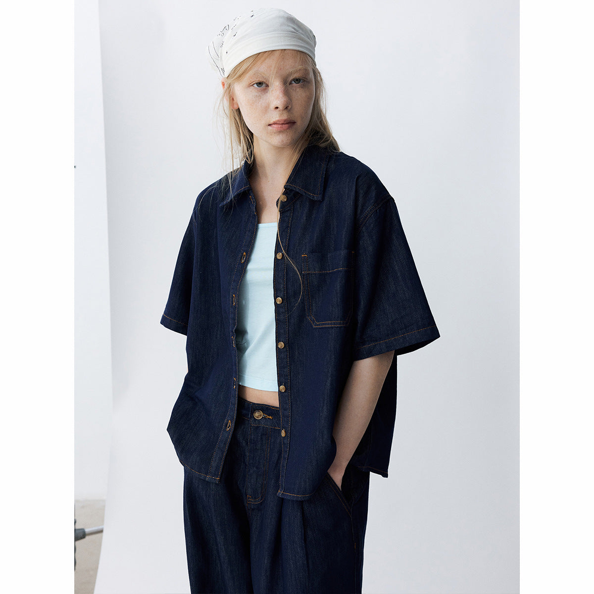 Summer new casual lapel tencel cotton patch bag versatile skin-friendly denim short-sleeved shirt