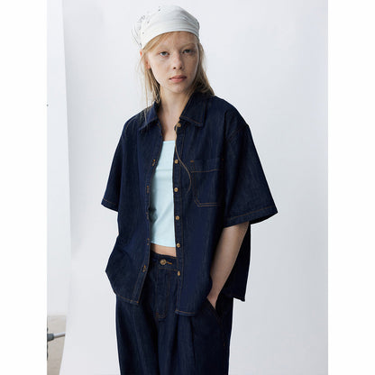 Summer new casual lapel tencel cotton patch bag versatile skin-friendly denim short-sleeved shirt