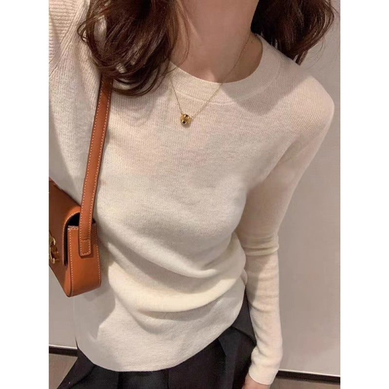 Wool Knitted Sweater Women Round Neck Long Sleeve Slim Fit Top