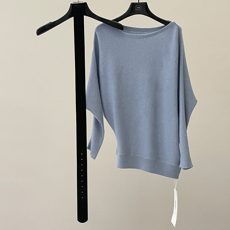 Temperament slanted shoulder knitted sweater women's spring soft waxy skin-friendly loose bat sleeve sweater