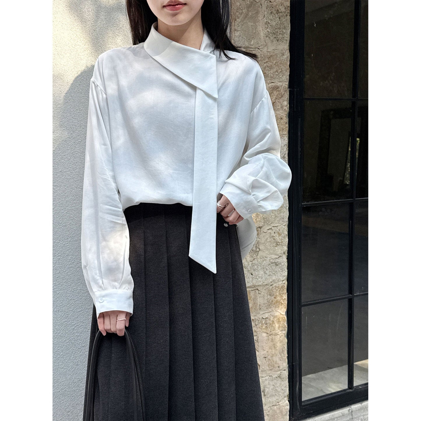 French design strap collar temperament shirt women's 26 early spring Tencel relaxation niche shirt