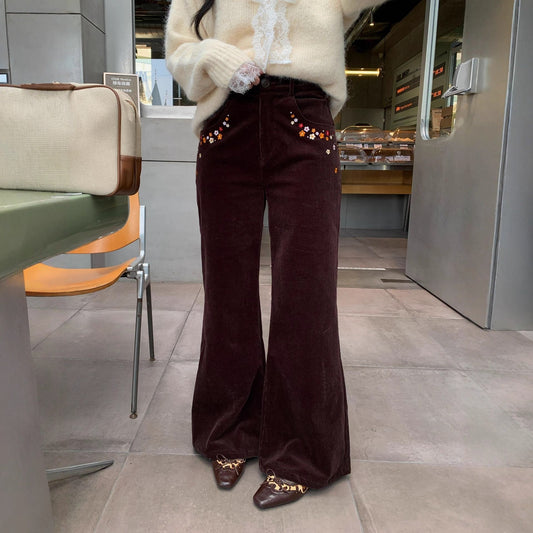Embroidered Corduroy Flare Pants – Retro High Waist Women's Trousers