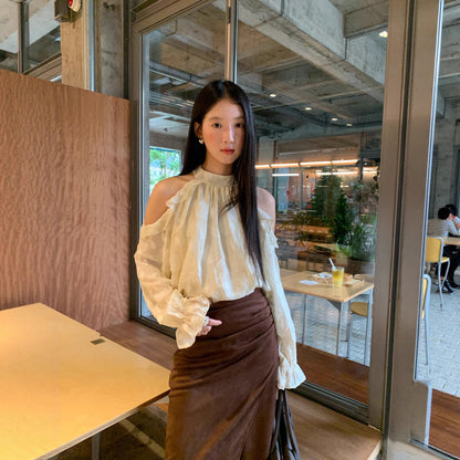 Sweet age-reducing ruffle top neck off-the-shoulder shirt