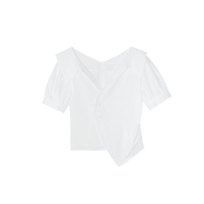 Summer French temperament lapel irregular diagonal buckle waist thin shirt