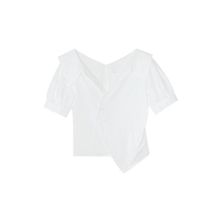 Temperament lapel irregular diagonal buckle waist thin shirt