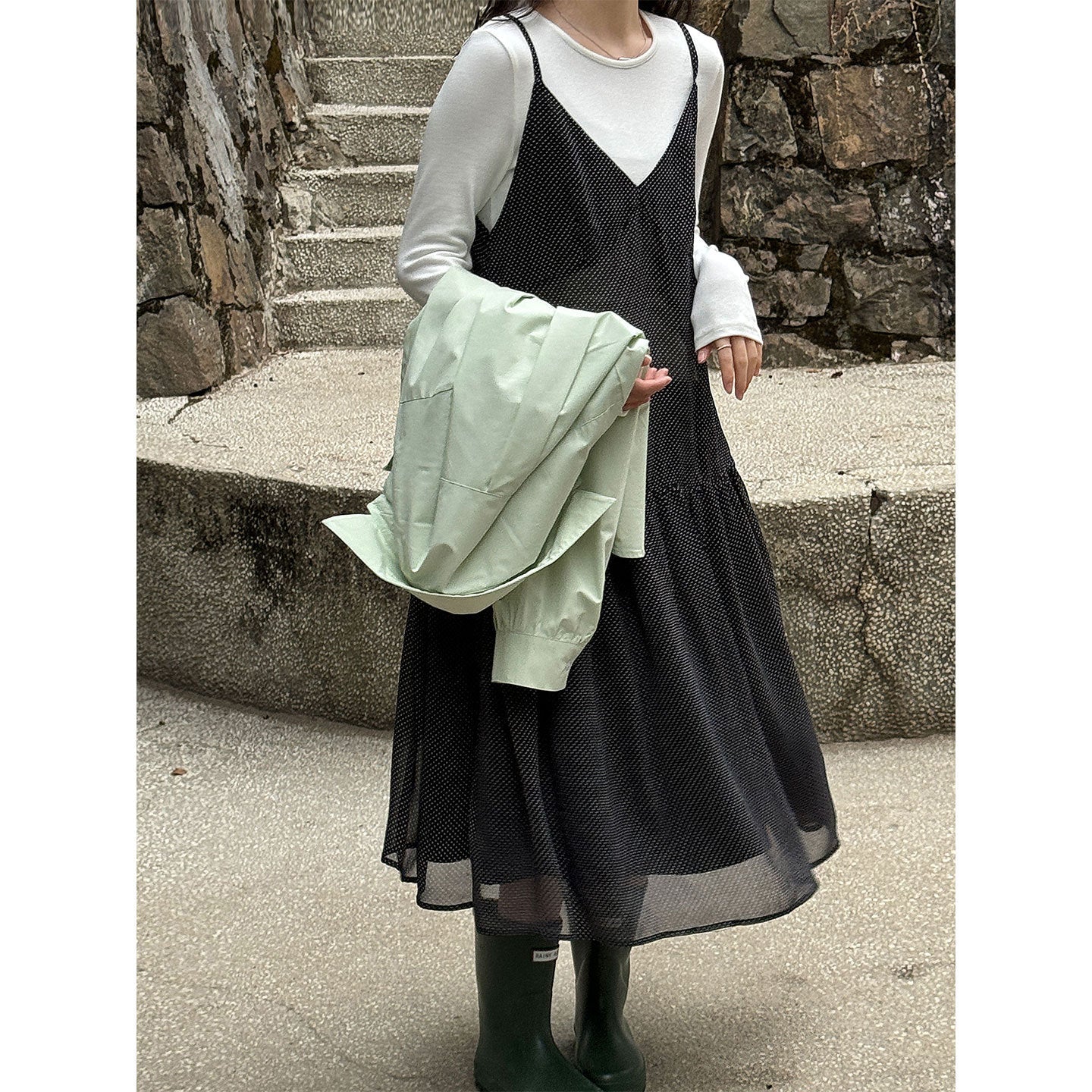 Retro polka dot perspective stacked vest skirt women's 26 early spring new niche lazy wind suspender skirt
