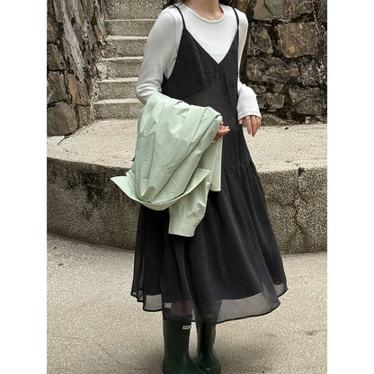 Retro polka dot perspective stacked vest skirt women's 26 early spring new niche lazy wind suspender skirt