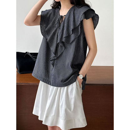 Korean design ruffle shirt women's summer new V-neck striped versatile and thin top