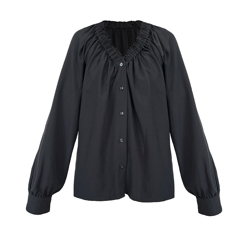 Korean temperament pleated V-neck loose shirt spring new commuter cool sunscreen long-sleeved shirt