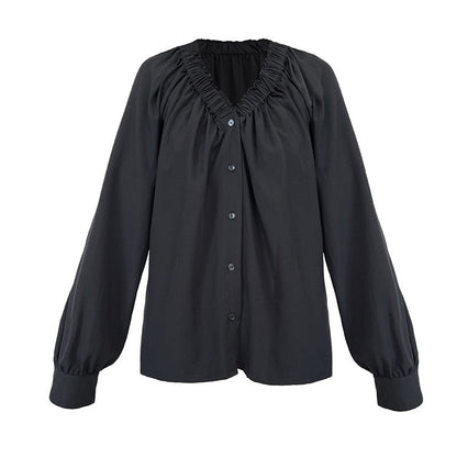Korean temperament pleated V-neck loose shirt spring new commuter cool sunscreen long-sleeved shirt