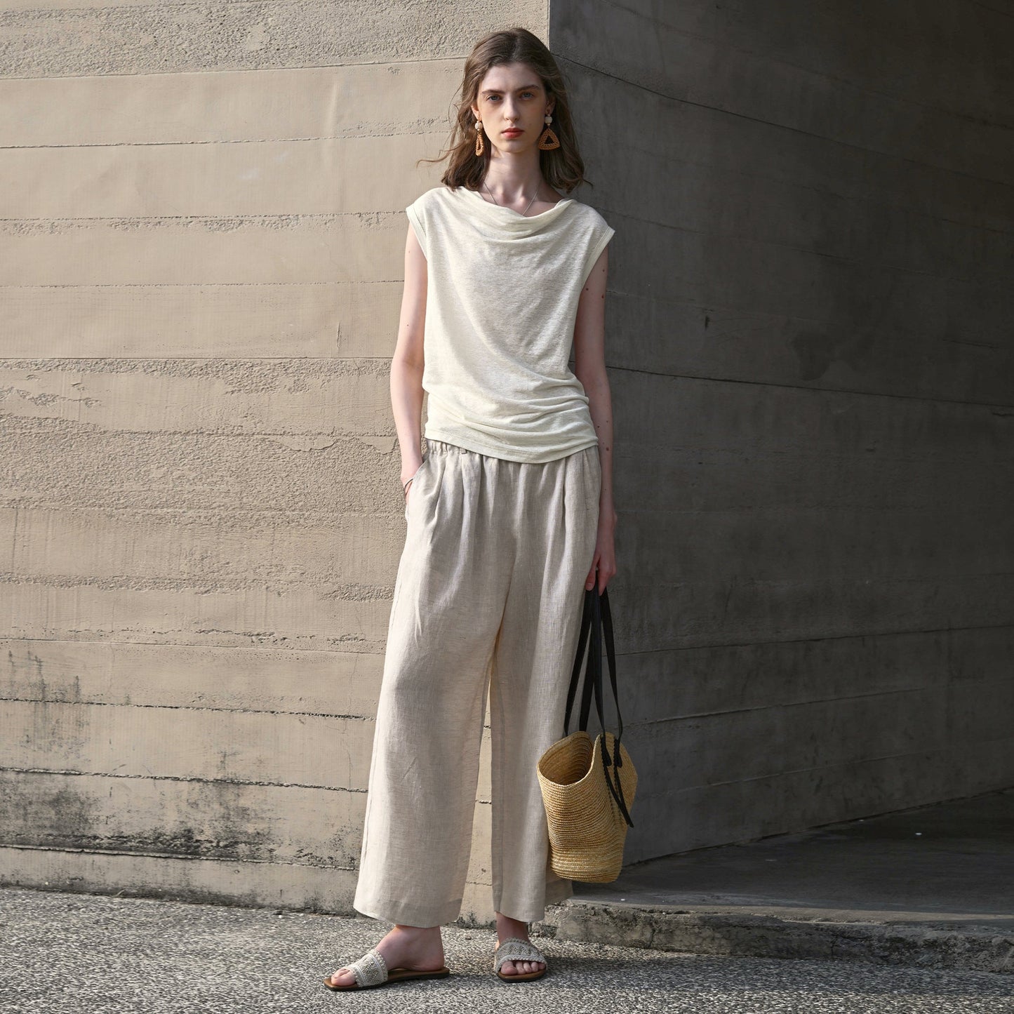 Hemp Sleeveless Top Women Slim Fit Swing Collar Knitted Shirt