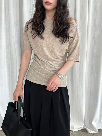 Korean high-end sense one-word shoulder exposed collarbone short-sleeved summer new with belt and thin T-shirt