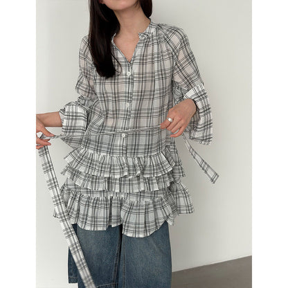 Korean plaid ruffle V-neck lace-up shirt for women's 26 spring niche design stacked dress