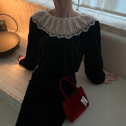 Velvet Shirt Lace Hollow Crew Neck Long Sleeve Sweater Women