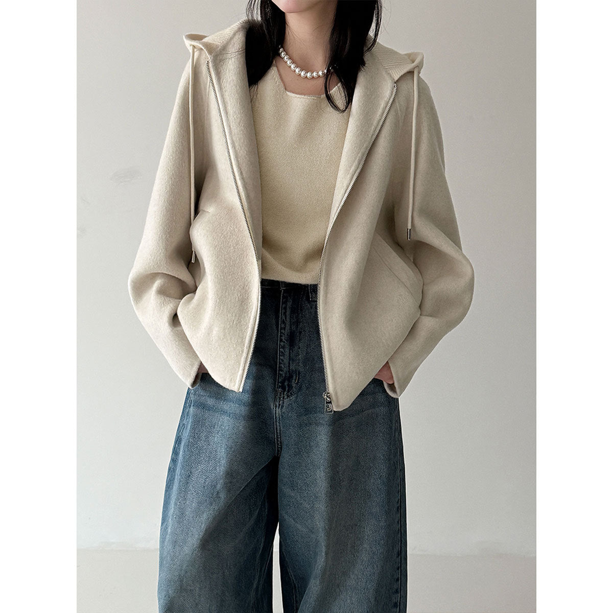 Silhouette autumn and winter knitted hooded wool woolen coat women's new short sweater double-sided woolen coat