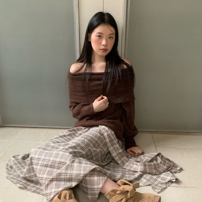 Lazy Korean fashion one-word shoulder long-sleeved pullover sweater