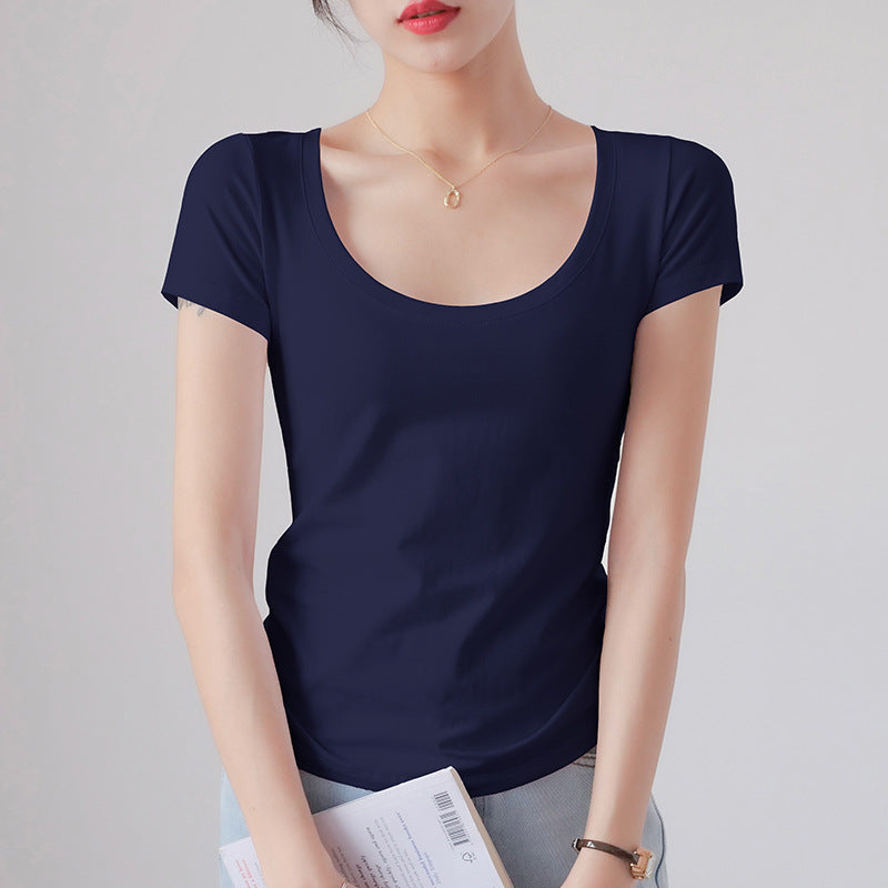 Round Neck Short Sleeve T-Shirt Women Slim Fit Cotton Base Layer Top
