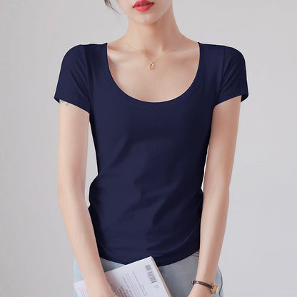 Round Neck Short Sleeve T-Shirt Women Slim Fit Cotton Base Layer Top