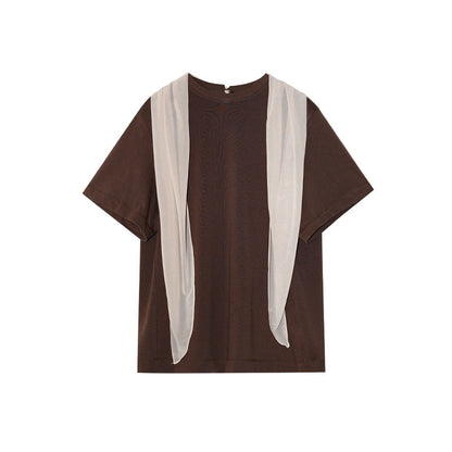 Celebrity scarf collar streamer pure cotton loose short-sleeved T-shirt