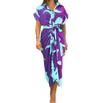 Elegant Lapel Collar Printed High-Waist Maxi Dress